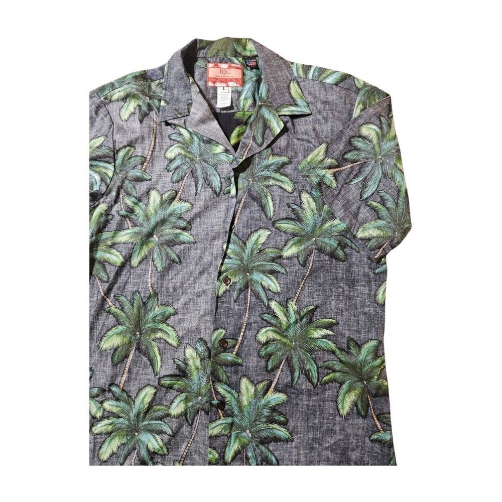 RJC Hawaiian Shirt Button Up Short Sleeve Blue Green Palm Made In Hawaii Men's L